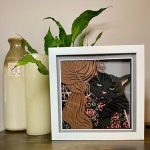 3D Brunette Girl W Black Cat on Shoulder Shadowbox